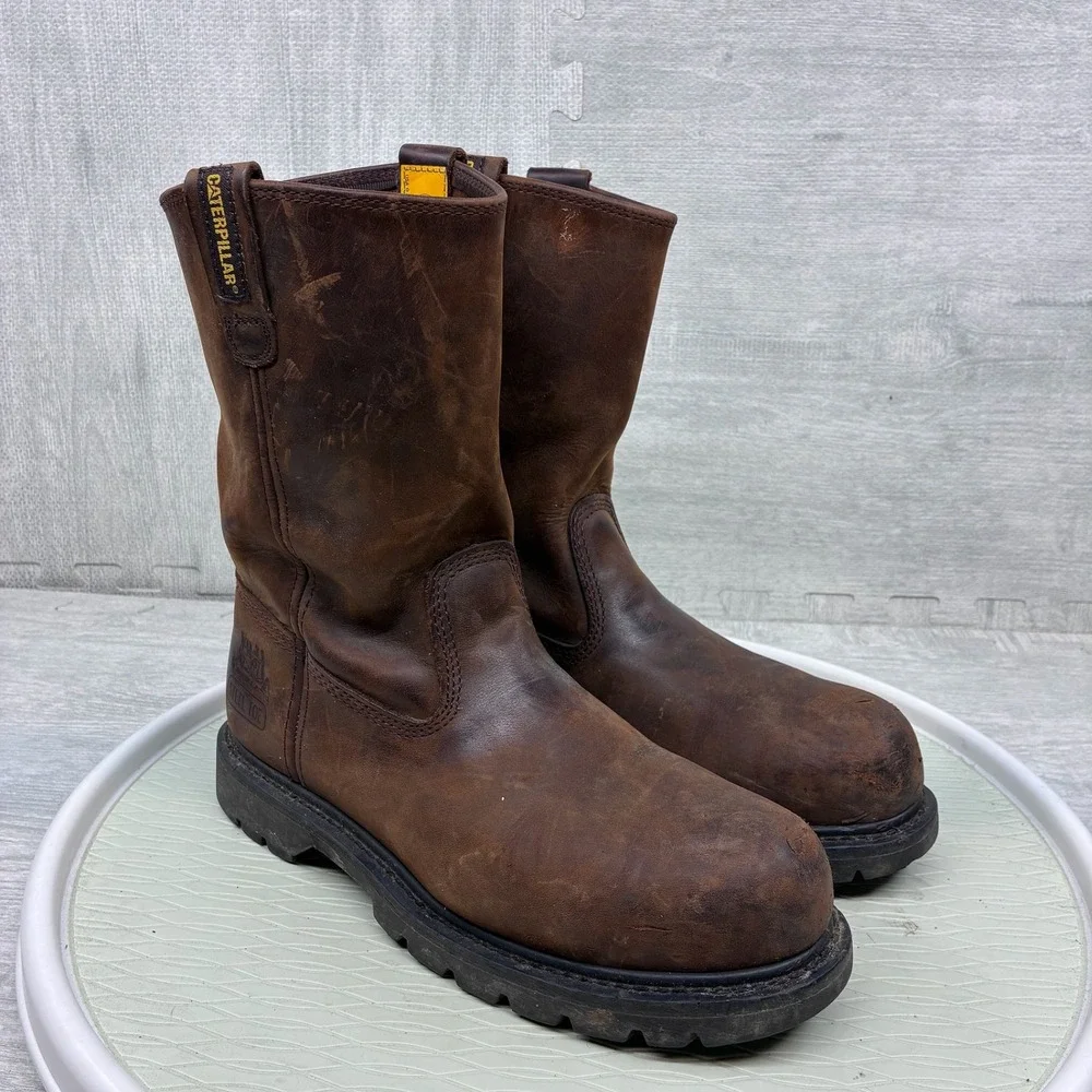 Caterpillar Revolver Wellington Work Boots Mens 9.5 Brown Leather Steel Toe Pull